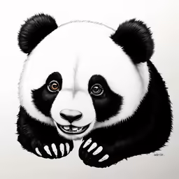 the panda is sitting down with his eyes open