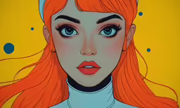 an orange haired girl with blue eyes and a yellow background