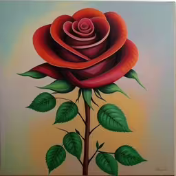 a painting of a red rose on a white background,a painting of a single red rose with green leaves