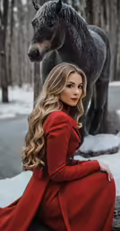a woman in red dress sitting on wooden bench