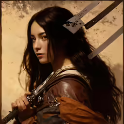 a girl in a jacket holds a sword and another knife in her hand