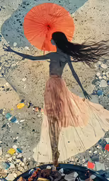 a woman holding an umbrella walks on the beach