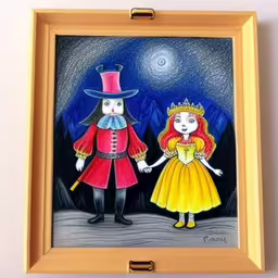a painting on the wall has a painting of people dressed up as queen and prince,two colorful paintings depicting cartoon style characters holding hands