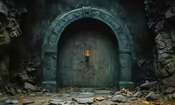 a dark room with a huge doorway and a yellow light