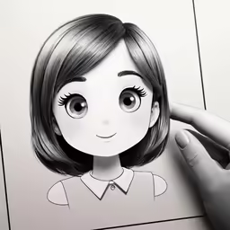 woman with short hair and a dress shirt looking at a drawing