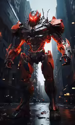 a futuristic city with large orange robots in the rain