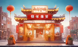 a digital illustration shows a restaurant with large lanterns