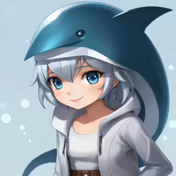 a girl wearing a hat that looks like a shark