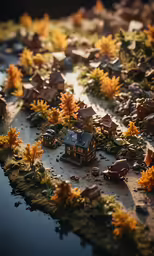 a model town with trees and houses near water