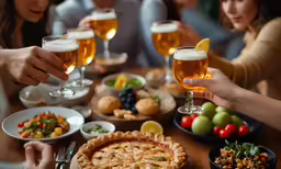 a bunch of people are at a table full of wine and food