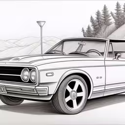 a car parked on the side of the road,this is an ink drawing of a car driving on the road