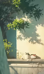 a wooden bench sitting next to a tree with water