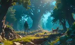 two people and two dogs in an empty wooded area