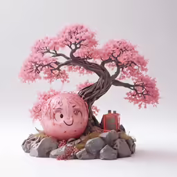 a photo of a pink bonsai tree with a funny face painted on it
