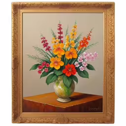 /tmp/FOOdbVajH.jpg = an oil painting of a vase with flowers
,/tmp/FOOdbVajH.jpg = flowers in a vase sitting on a table in a painting
,/tmp/FOOdbVajH.jpg = a painting of a vase of flowers in an ornate frame
,/tmp/FOOdbVajH.jpg = an oil painting of flowers in a vase
,/tmp/FOOdbVajH.jpg = a painting of flowers sitting on a table
,/tmp/FOOdbVajH.jpg = a painting of colorful flowers inside a gold frame
,/tmp/FOOdbVajH.jpg = a painting with many different colored flowers in it
