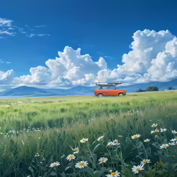 an orange truck parked in a lush green field