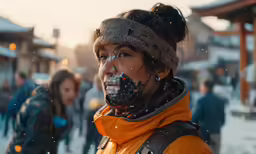 a man wearing winter clothes with a face painted in black