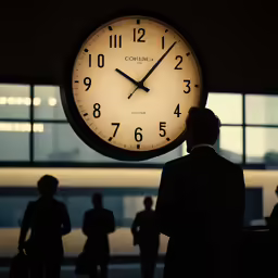 a man watching a large clock at the train station