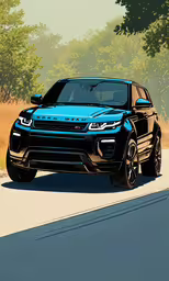 a black range rover driving on the side of a road,a car on a city street near trees