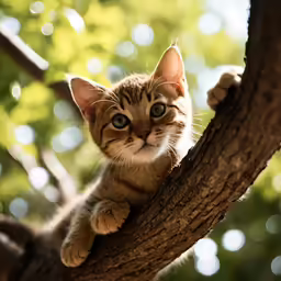 there is a small kitten that is sitting on the branch