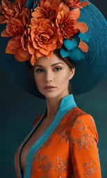 a woman is dressed in an orange dress and blue hat with large flowers