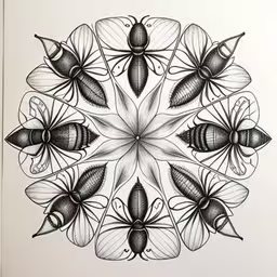 a black and white drawing of bees,a drawing of bees in a circle with leaves