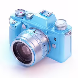 a blue camera with some pictures on it