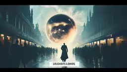 a person standing in a large alley between two buildings in the distance are an image of a giant sphere