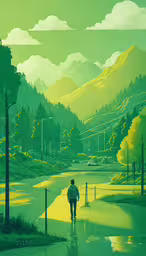 a man walking on the road between mountains,a person standing near a tree covered mountains