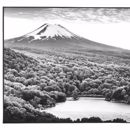 a black and white photograph of trees, water and a mountain
