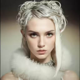 a white woman with blond hair, wearing white