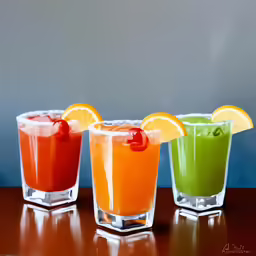 three colorful drinks in glasses with slices of orange and an avocado