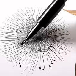 a pen on top of a paper with a circle of splatters