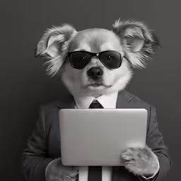 a dog in a suit holding a computer