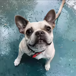 a small white dog laying in the pool