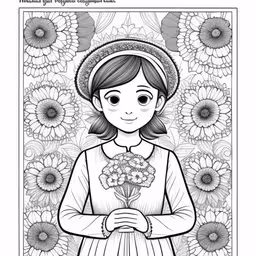 a girl with flowers on her hands in a field,a girl holding flowers on her hands in front of an adult sized coloring book