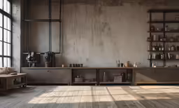 a room with wooden floors and a shelf filled with items