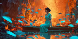the woman is floating in a raft with many birds flying around her,a woman is sitting on a boat in the water with fish