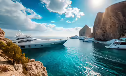 boats docked along a shoreline next to cliff