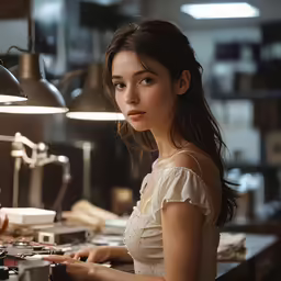 a woman sitting at a desk typing on her keyboard
