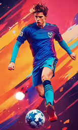 a painting of a man on a soccer ball in the air,a soccer player kicking a soccer ball with a vibrant background