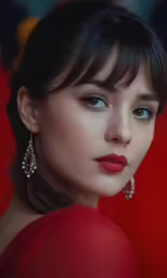 a woman with a very dark red dress on and some bright blue eyes