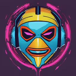 an illustration of the headphones in the shape of a man,an image of a blue and orange robot wearing headphones