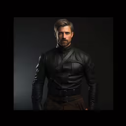 a man in black leather wearing leather clothing,a man dressed as a black knight with a beard and gloves on, wearing a black leather shirt and looking over his shoulder