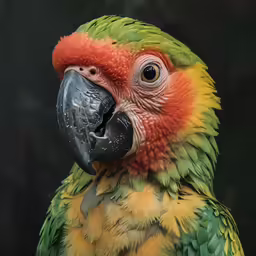 a bird has colorful feathers and looks to his left