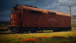 a train sitting in the middle of a grassy field,an old train car parked near the side of the road