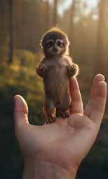 small little animal on persons hand with trees in background