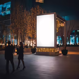 people walking in front of a big white sign