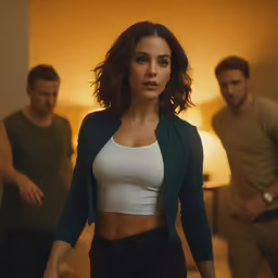 a girl is wearing a top and pants