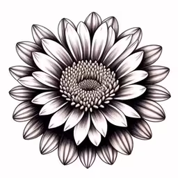 the black and white flower is on the white paper,an illustration of a sunflower
